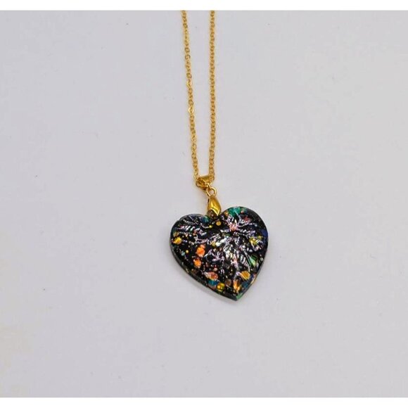 Black Heart-Shape Pendant with Holographic Glitter 10.5" Length One-of-a-Kind - Picture 2 of 7